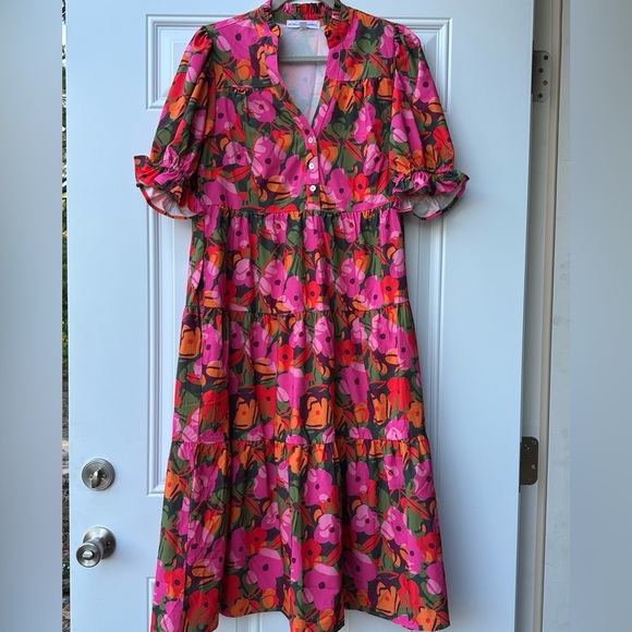 Pink and Yellow Maxi Sundress with Puff Sleeves - Picture 10 of 10